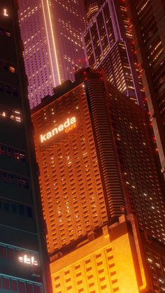 a tall building with the word kaneda written on it in front of other high rise buildings