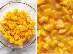 two pictures side by side one has chopped mango and the other has cut into cubes