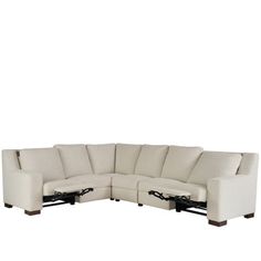 a white sectional couch with two recliners on the back and one arm extended