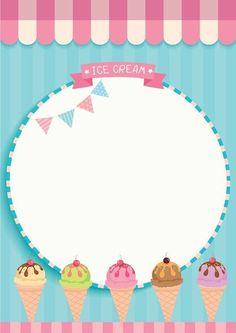 an ice cream poster with three scoops of ice cream in front of a striped background