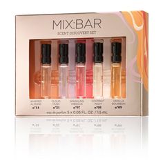 Explore two new scents from MIX:BAR along with our best-selling spray fragrances with the MIX:BAR Eau de Parfum Scent Discovery Set. This perfectly giftable collection allows you or someone special to layer, mix and play! Set features five 0.05 mL spray bottles. Fragrance spray set includes: No. 14 Whipped Almond, No. 21 Cloud Musk, No. 07 Sparkling Hibiscus, No. 08 Coconut Palm, and No. 09 Vanilla Bourbon. Why We Love It Clean + luxe formula free from parabens, phthalates. Vegan + cruelty free. Mix Bar Perfume, Bar Mix, Champagne Bubbles, Fruity Cocktails, Perfume Set, Signature Fragrance, Gift Sets For Women, Fragrance Gift, Fragrance Spray