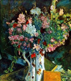 a painting of flowers in a vase on a table