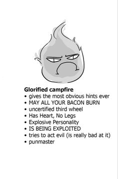 an image of a cartoon character with the caption'glitiful campfire gives the most obvious hints ever may all your bacon burn