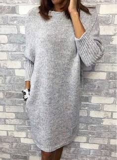 Loose Knit Dress, Casual Sweater Dress, Casual Knit Dress, Sweater Dress Casual, Sweater Season, Solid Sweaters, Casual Sweater, Round Neck Dresses, Round Neck Sweaters