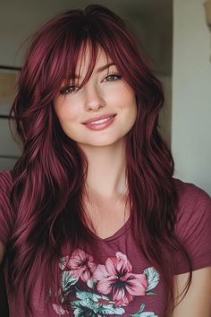 50+ Awesome Black Cherry Hair Color Ideas for 2024 – CreativeBooster Long Layers And Curtain Bangs, Hair Color Cherry Coke, Layers And Curtain Bangs, Black Cherry Hair Color, Hair Color Styles, Black Cherry Hair, Black Cherry Color, Brown Hair Color Shades, Cherry Hair Colors