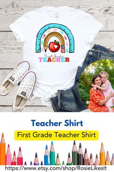 This first grade teacher shirt is sure to be an instant hit! If you're looking for a teacher tee for a first grade teacher, you will LOVE this bright and colorful rainbow of school supplies teacher shirt for a first grade teacher! Gardening Shirts Funny, Fifth Grade Teacher, Funny Grandma Shirts, Funny Grandpa Shirt, Gifts For Teacher, First Grade Teacher, Kindergarten Teacher Shirts, Botanical Shirt