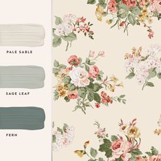 the paint colors are in shades of gray, pink and white with roses on them