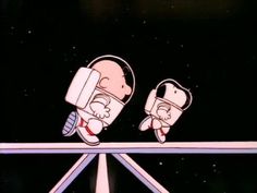 two cartoon characters sitting on top of a metal beam in the dark with space behind them