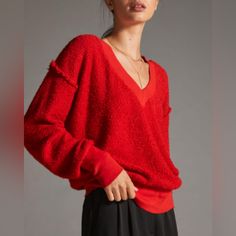 Anthropologie Red V-Neck Sweater Nwot Xs Chic Red Loungewear Top, Red Sweater For Spring Loungewear, Red V-neck Top For Layering, Red V-neck Sweater For Spring, Trendy Red V-neck Sweater, Up Movie Night, Oversized Cropped Sweater, Up Movie, Flannel Sweatshirt