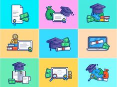 six different colored icons with books, graduation caps and diplomas on top of them