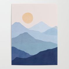 a blue and pink mountain scene with the sun in the sky