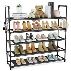 the shoe rack is filled with many pairs of shoes and a teddy bear on top