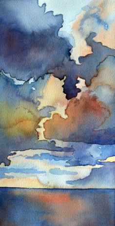 watercolor painting of clouds over the ocean