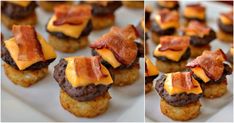 small appetizers with bacon and cheese on them sitting on a white platter