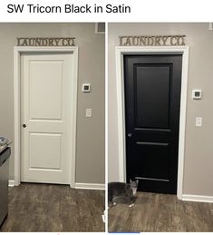 two pictures of a black and white cat in front of a door with the words laundry co on it