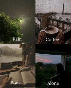 three different pictures with the words rain, coffee and books