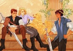 three people sitting on a bench with swords in their hands and one holding a dog