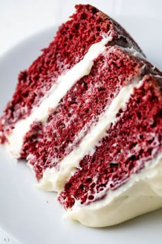 a slice of red velvet cake on a white plate