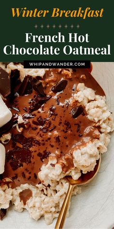 a white plate topped with rice covered in chocolate and marshmallows