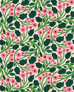 a pattern with pink flowers and green leaves