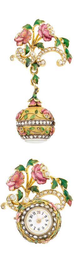 Antique Gold, Silver, Enamel and Diamond Lapel Pendant-Watch. Topped by a delicate garland motif, applied with pink enamel flowers and green enamel leaves, the scrolled ribbons set with old-mine and rose-cut diamonds, suspending a finely textured ball pendant-watch applied with a floral motif of similar design, accented by two bands of rose-cut diamonds, centering a circular white porcelain enamel dial with blue and red Arabic numerals, with French import mark, watch detachable, circa 1890. Pink Jewels, Fine Art Jewelry, Unusual Jewelry, Telling Time