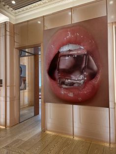 an image of a woman's mouth with ice cubes in it on the wall