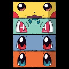 four different colored pokemon eyes with one eye open