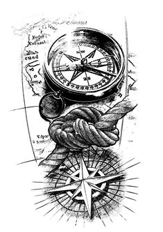 a black and white drawing of a compass on top of a ship's rope