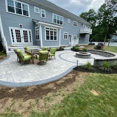 an outdoor patio with seating and fire pit