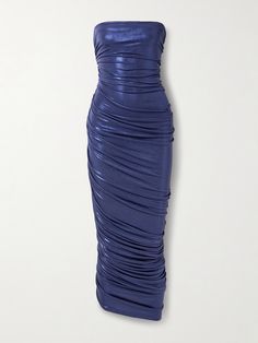 For events when you want to leave your mark, Norma Kamali has you covered. Suitably striking, this 'Diana' midi dress is cut from shiny stretch-lamé and ruched so it drapes towards the asymmetric hem. Wear it with barely-there sandals and a clutch. Alexandre Vauthier 2023, Dior Blue Dress, Metallic Blue Dress, Lamé Fabric, Navy Blue Party Dress, Uzun Boy, Dress Reference, Summer Gowns, Edgy Glam