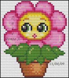 a cross stitch pattern with a pink flower in a pot and the words, i love you