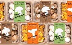 six plastic containers filled with different types of mushrooms and other foods in each container, all labeled with the names of their ingredients