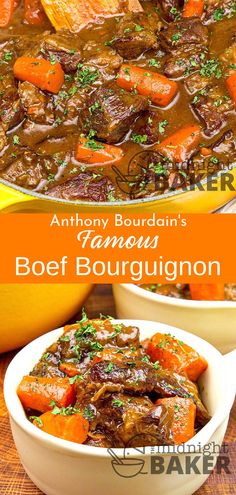 beef bourguignon with carrots and parsley in a white bowl