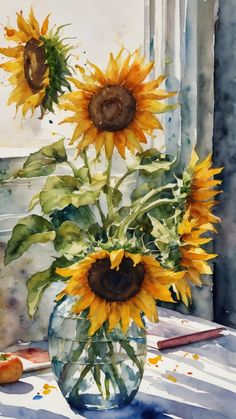 a watercolor painting of sunflowers in a vase on a window sill