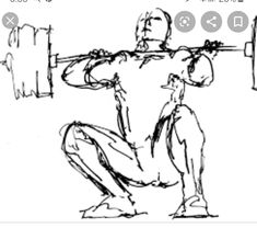 a black and white drawing of a man doing squats with a barbell on his back