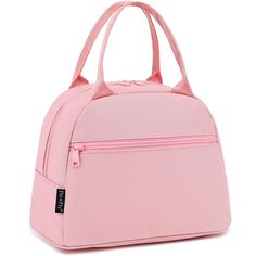 a pink handbag with zippers on the front and side pockets, is shown