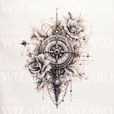 an artistic tattoo design with roses and compass on white paper, as well as the words ward ward written in black ink