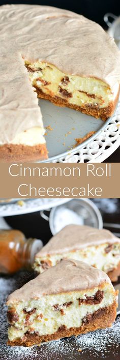 cinnamon roll cheesecake is cut into slices