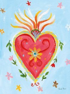 a painting of a heart with wings and flowers around it on a blue sky background