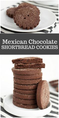 mexican chocolate shortbread cookies stacked on top of each other with the words, mexican chocolate shortbread cookies