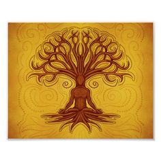 the tree of life is depicted on an orange and yellow background, with swirls around it