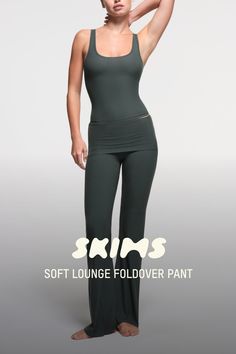 This soft, smooth, and stretchy ribbed pant features a throwback-inspired flare with a foldover waistband. | SKIMS Foldover Pants | Green | Large | Soft Lounge Foldover Pants Outfit, Foldover Pants, Fold Over Pants, Wishlist 2024, Visual Language, Pants Green, Christmas Wishlist, Deep Sea, Outfits With Leggings