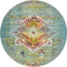 a round rug with multicolored designs on the center and bottom in different colors