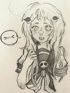 a drawing of a girl holding a skull in her arms and looking at the camera