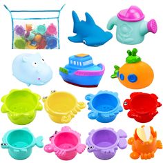 there are many plastic toys in the shape of boats and sea animals on this white background