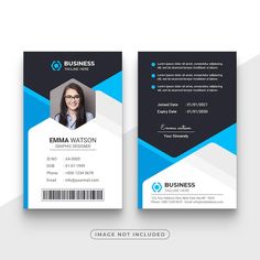 a blue and black business id card with a photo on the front, and a barcode