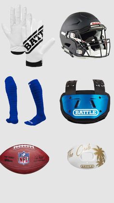 various sports equipment including gloves, football helmet and eye protectors are shown in this image