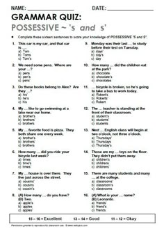 a printable test sheet for the english language exam, which includes answers and examples