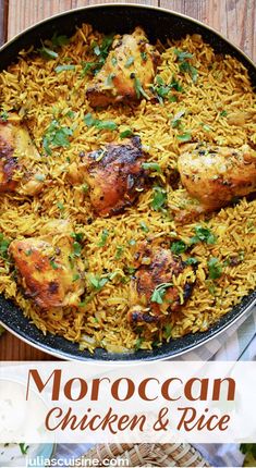 moroccan chicken and rice in a skillet on a wooden table with text overlay