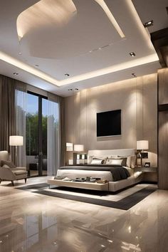 a modern bedroom with white walls and flooring is lit by recessed lights that give the room an airy feel